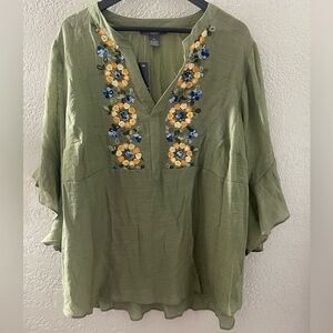 NWT Olivia‎ & Martin Embroidered Peasant Bohemian Green Women's Top Size 3X